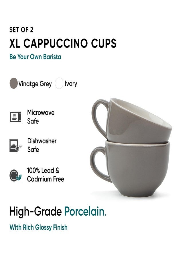 Shay طقم كوبين كبيرين من السيراميك من شاي، رمادي، 320 مل | كوب كابتشينو | لمسة نهائية لامعة | كوب قهوة كبير من السيراميك | آمن للاستخدام في الميكروويف (كوب كبير جدًا - رمادي عاجي) - Image 3